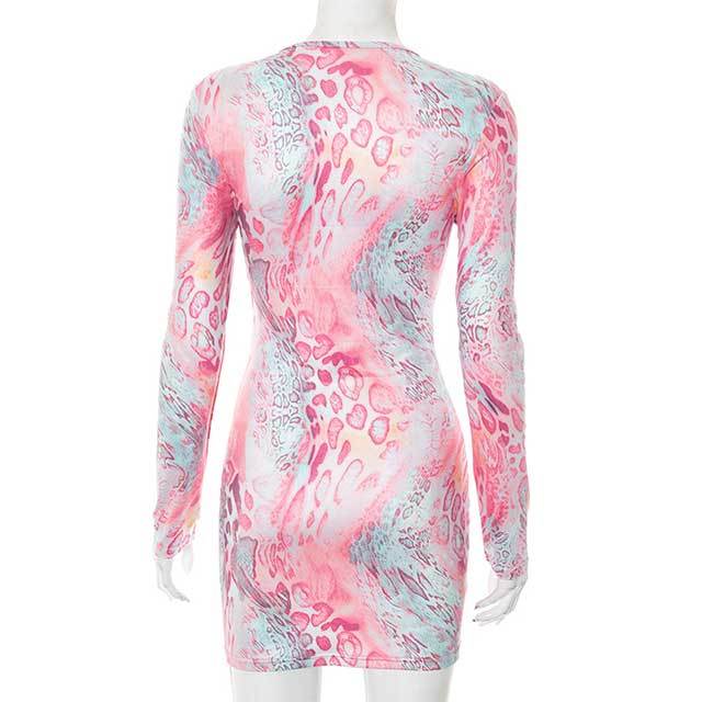 Long Sleeve Plunging V Neck Printed Bodycon Mini Dress