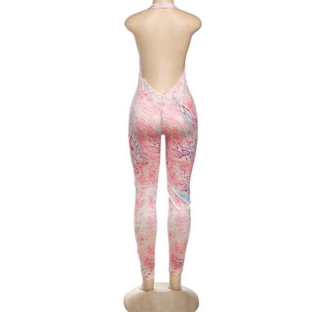 Plunging V Neck Halter Backless Leopard Skinny Jumpsuit