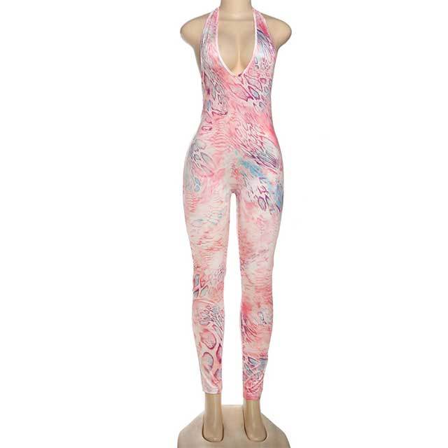 Plunging V Neck Halter Backless Leopard Skinny Jumpsuit