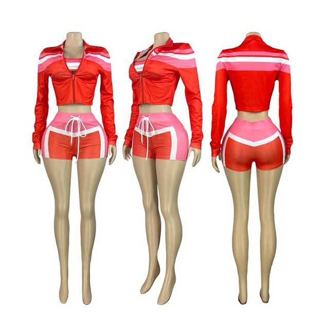 Contrast Color Long Sleeve Jacket Laced-up Slim Short Set 3 Pieces