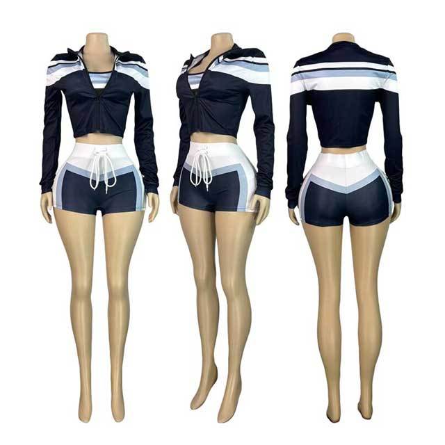 Contrast Color Long Sleeve Jacket Laced-up Slim Short Set 3 Pieces