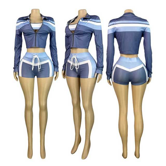Contrast Color Long Sleeve Jacket Laced-up Slim Short Set 3 Pieces