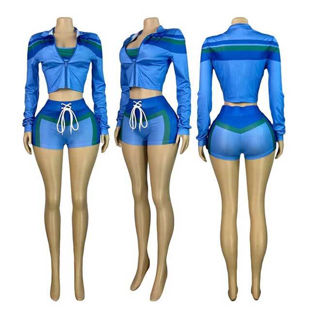 Contrast Color Long Sleeve Jacket Laced-up Slim Short Set 3 Pieces