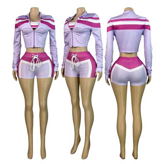 Contrast Color Long Sleeve Jacket Laced-up Slim Short Set 3 Pieces