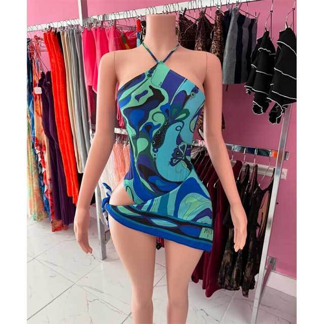 Printed Fashion Halter Neck One Piece Swimwear Scarf Set