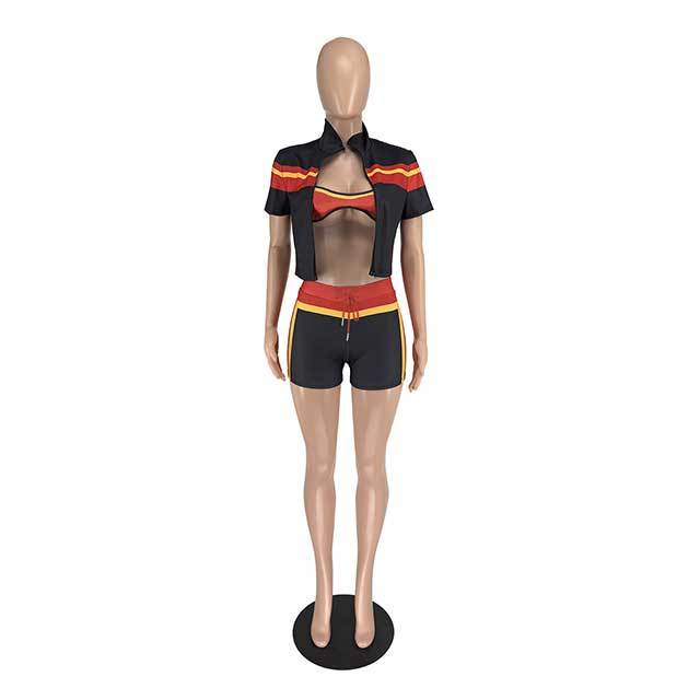 Contrast Color Printed Short-sleeve Top 3 Pieces Short Set