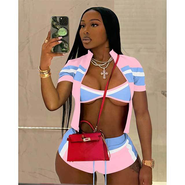 Contrast Color Printed Short-sleeve Top 3 Pieces Short Set