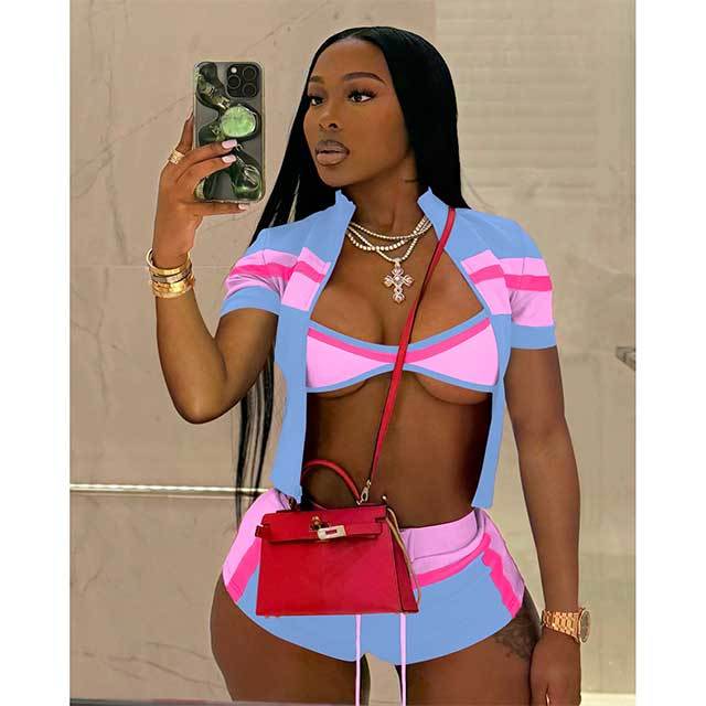 Contrast Color Printed Short-sleeve Top 3 Pieces Short Set