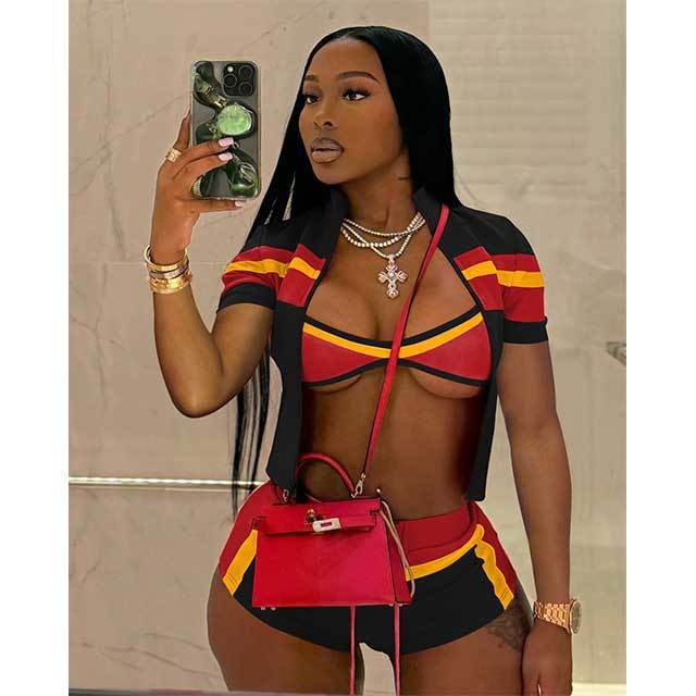 Contrast Color Printed Short-sleeve Top 3 Pieces Short Set