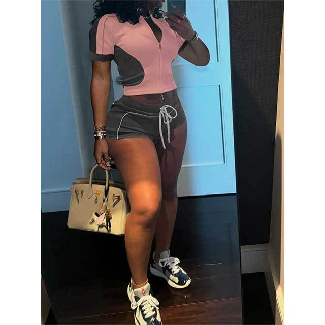 Colorblock Zipper Up Cropped Top Slim Fit Short Set