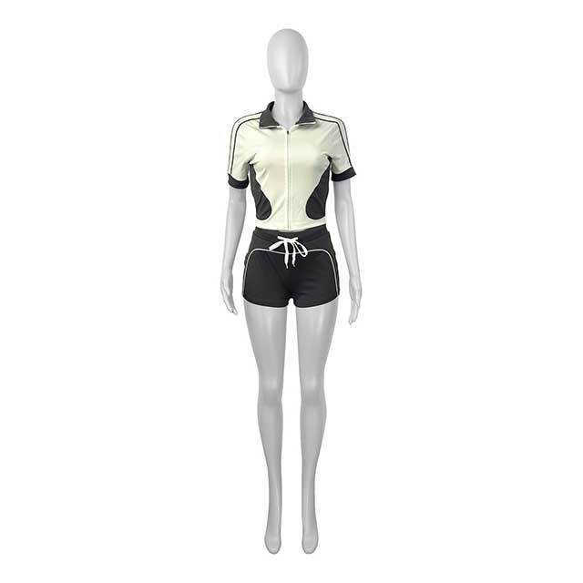 Colorblock Zipper Up Cropped Top Slim Fit Short Set