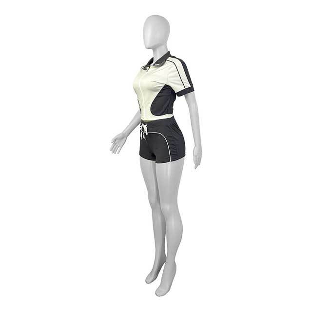 Colorblock Zipper Up Cropped Top Slim Fit Short Set