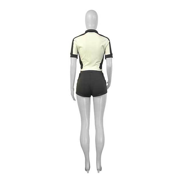 Colorblock Zipper Up Cropped Top Slim Fit Short Set