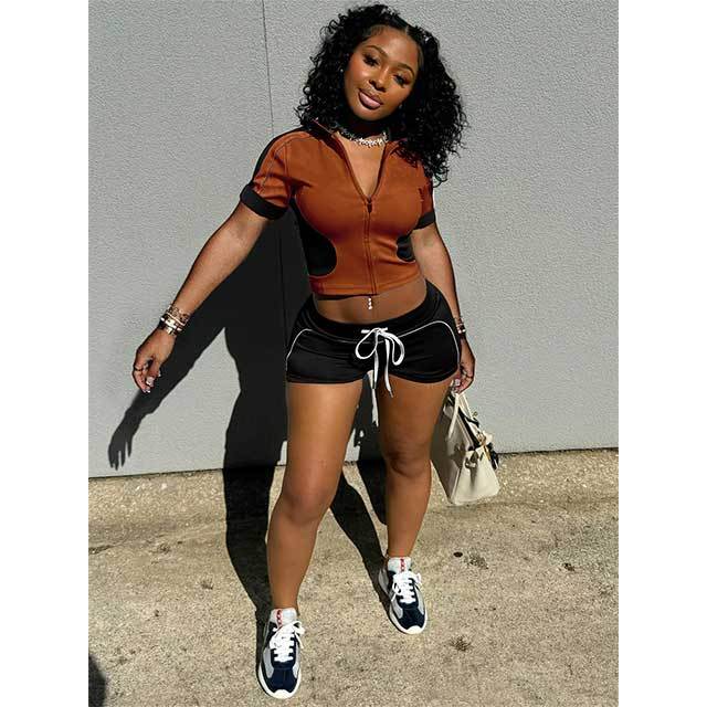 Colorblock Zipper Up Cropped Top Slim Fit Short Set