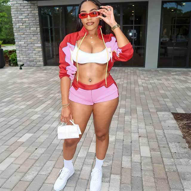 Contrast Color Long Sleeve Jacket Top Jogger Mini Short Set