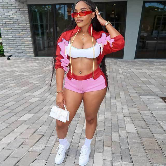 Contrast Color Long Sleeve Jacket Top Jogger Mini Short Set