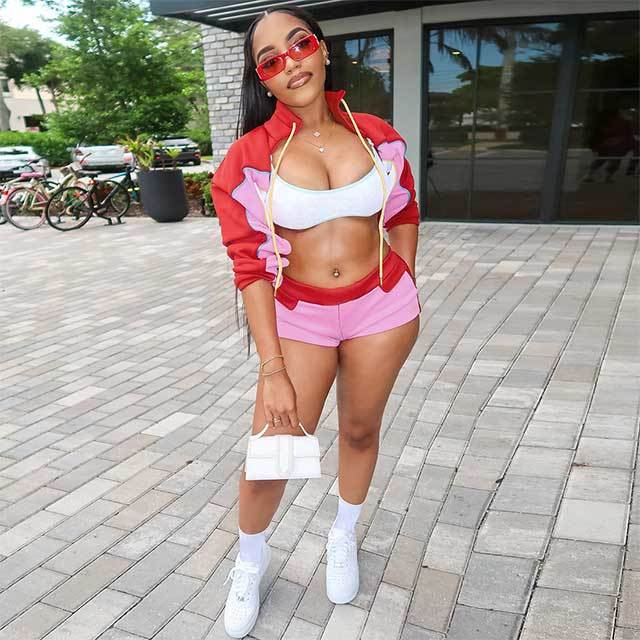 Contrast Color Long Sleeve Jacket Top Jogger Mini Short Set