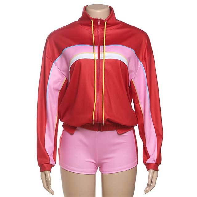 Contrast Color Long Sleeve Jacket Top Jogger Mini Short Set