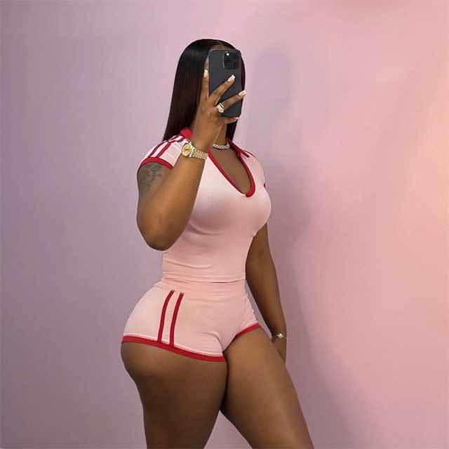Striped V Neck Slim Fit Short Set 2 Pieces