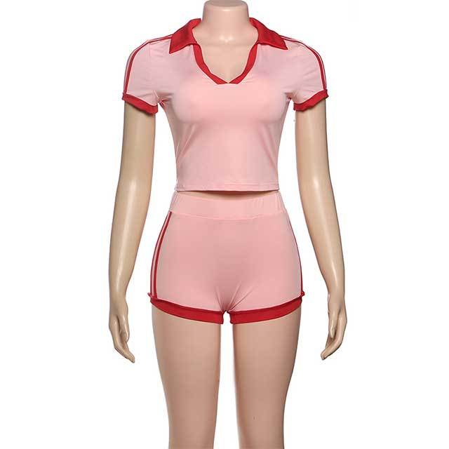 Striped V Neck Slim Fit Short Set 2 Pieces