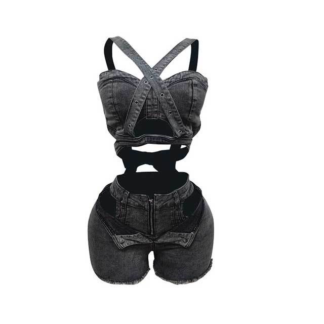 Halter Neck Hollow Out Belted Crop Top Washed Denim Short Set