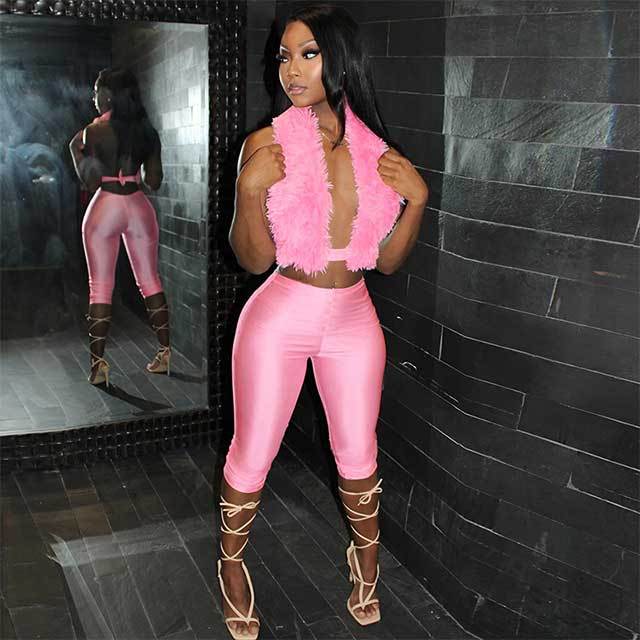 Furry Halter Neck Cropped Top Skinny Midi Pant Set