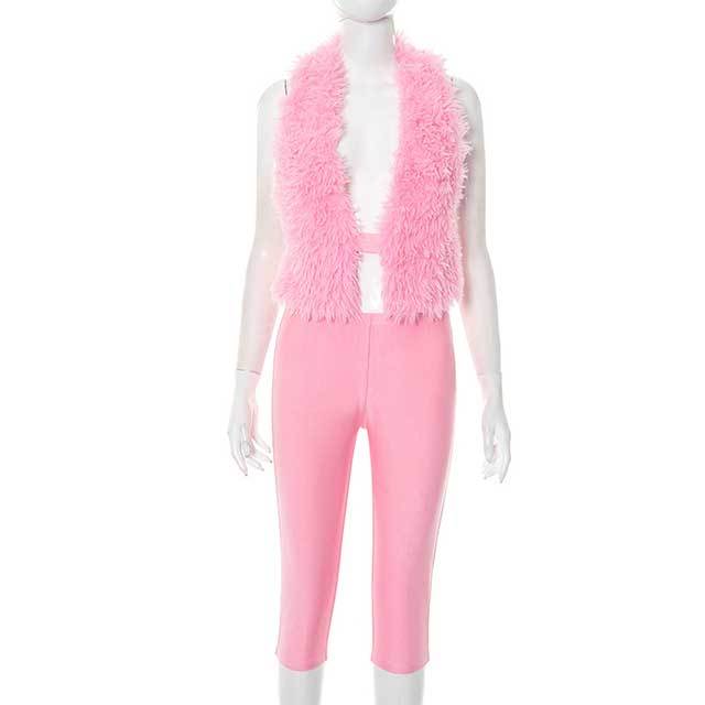 Furry Halter Neck Cropped Top Skinny Midi Pant Set