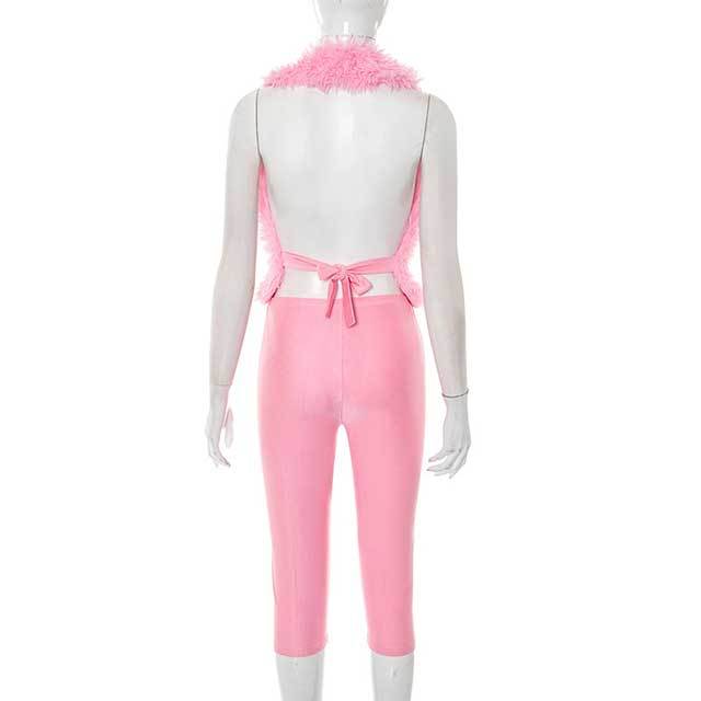 Furry Halter Neck Cropped Top Skinny Midi Pant Set