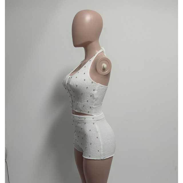 Knitting Halter Neck Crop Top Diamonded Short Set
