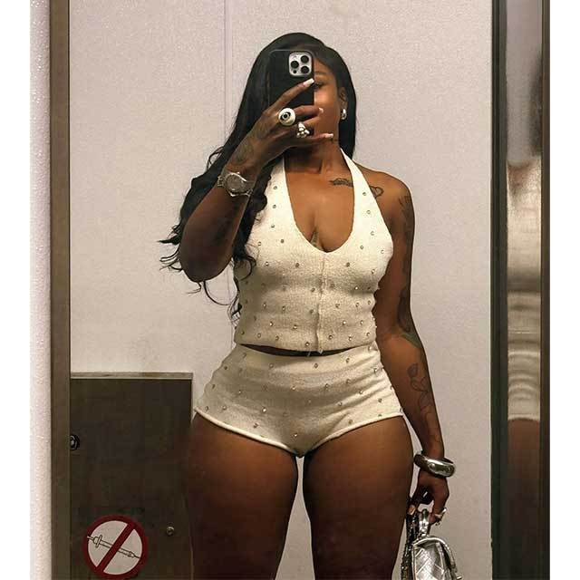 Knitting Halter Neck Crop Top Diamonded Short Set