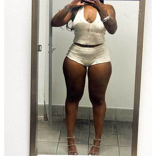 Knitting Halter Neck Crop Top Diamonded Short Set