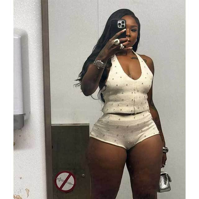 Knitting Halter Neck Crop Top Diamonded Short Set