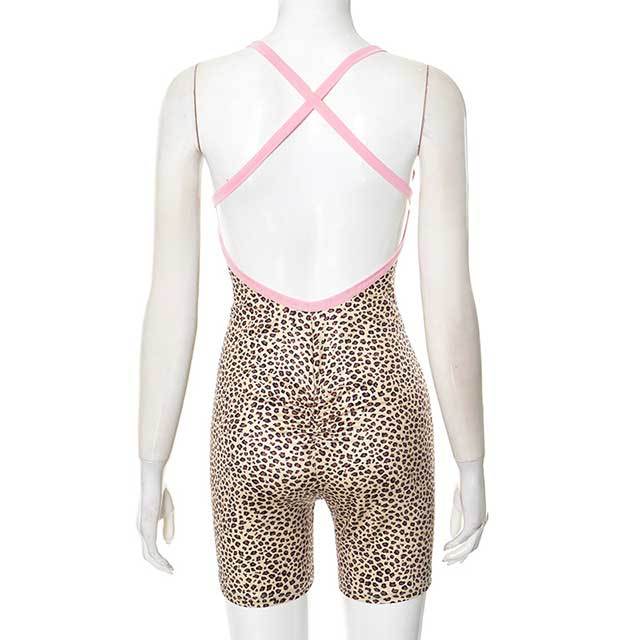 Leopard Printed Laced Up Backless Skinny Romper