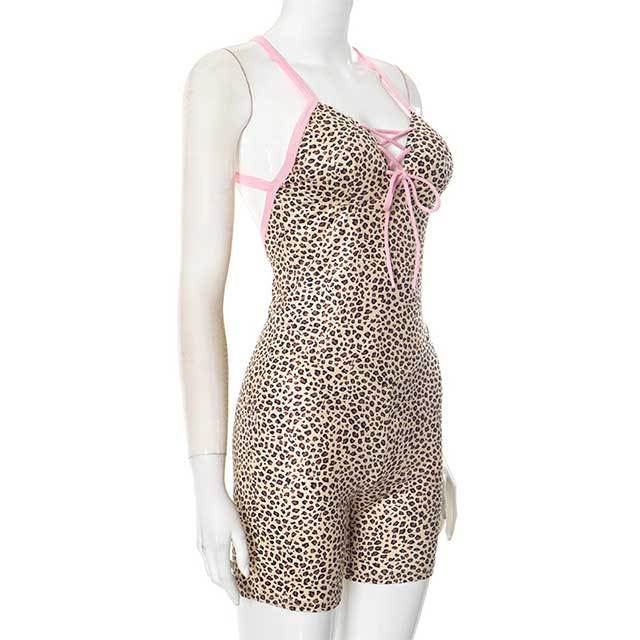 Leopard Printed Laced Up Backless Skinny Romper