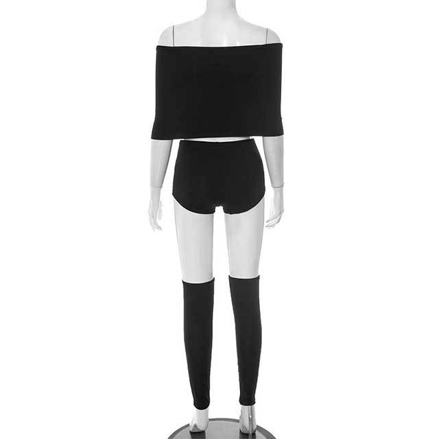Off Shoulder Cropped Top Mini Short Set with Socking 3 Pieces