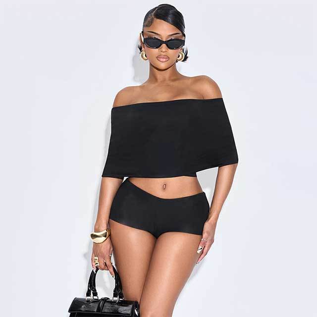 Off Shoulder Cropped Top Mini Short Set with Socking 3 Pieces