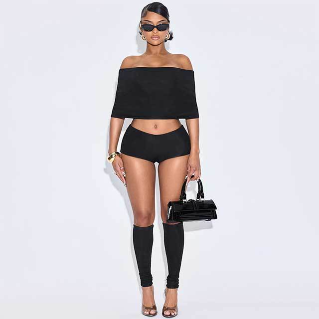 Off Shoulder Cropped Top Mini Short Set with Socking 3 Pieces