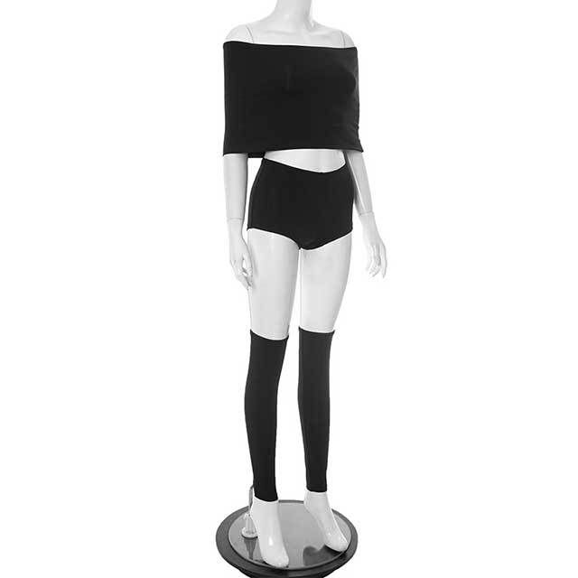 Off Shoulder Cropped Top Mini Short Set with Socking 3 Pieces