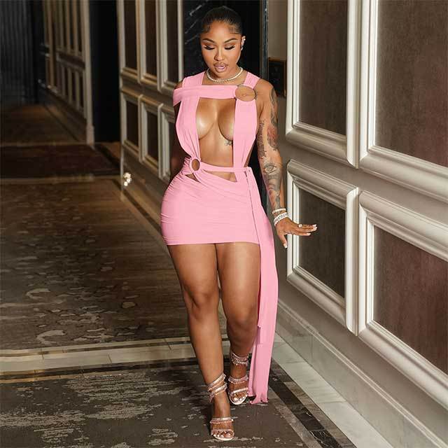 Circular Hollow Cross Tie Ribbon Mini Dress