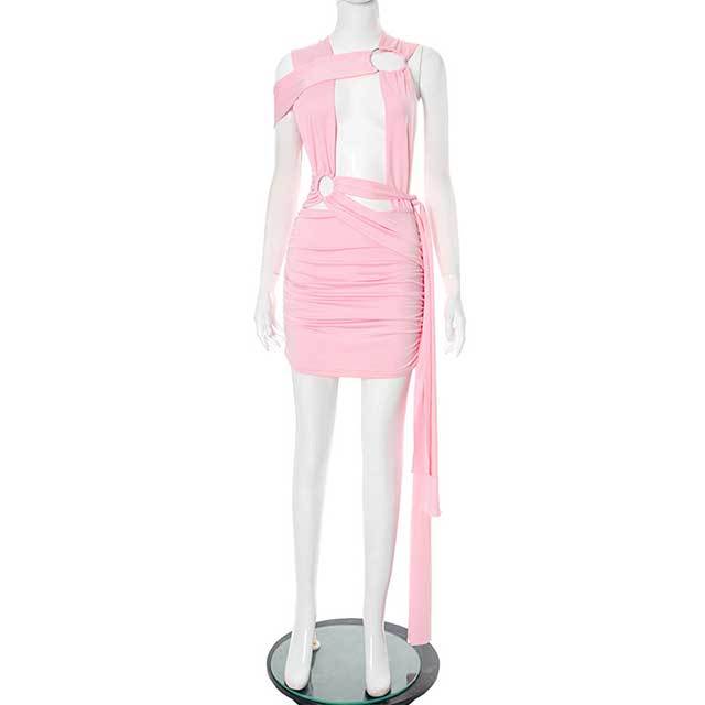 Circular Hollow Cross Tie Ribbon Mini Dress