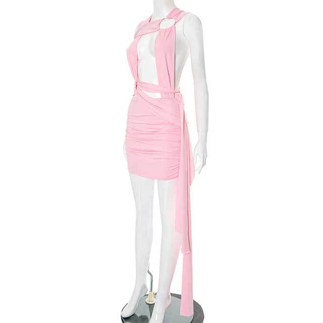 Circular Hollow Cross Tie Ribbon Mini Dress