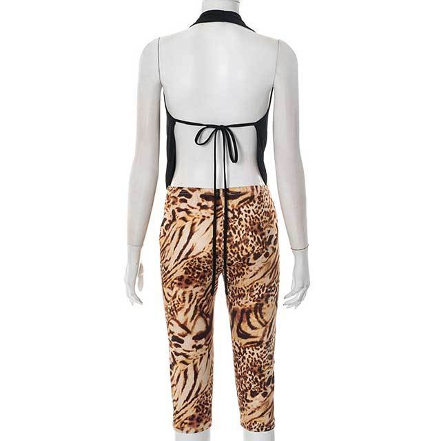 Halter Neck Backless Crop Top Leopard Printed Short Pant Set