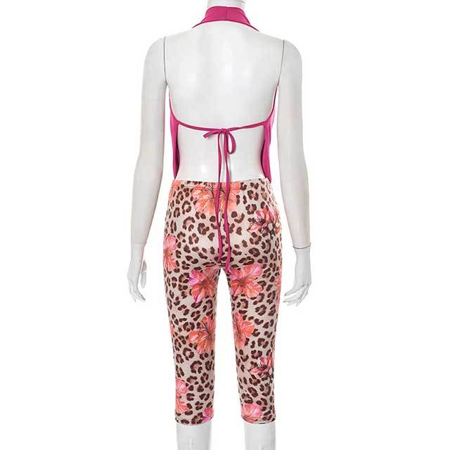 Halter Neck Backless Crop Top Leopard Printed Short Pant Set