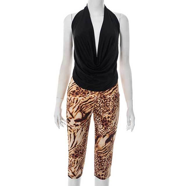 Halter Neck Backless Crop Top Leopard Printed Short Pant Set