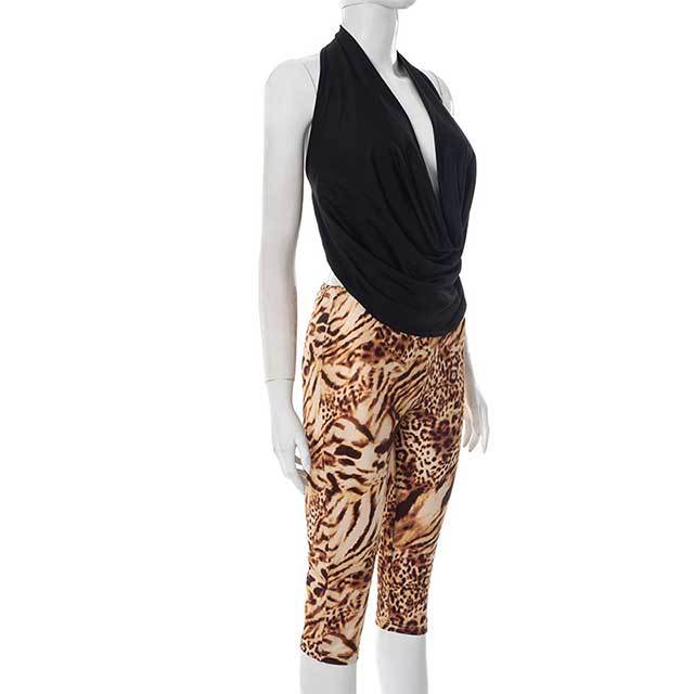 Halter Neck Backless Crop Top Leopard Printed Short Pant Set