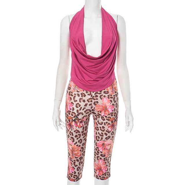Halter Neck Backless Crop Top Leopard Printed Short Pant Set