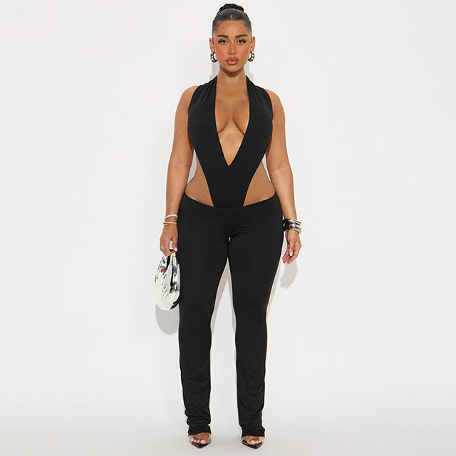 Plunging V Neck Teddies Top Flare Pant Set 2 Pieces