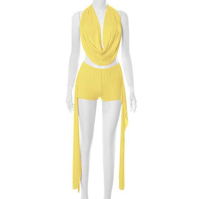 Sleeveless Halter Neck Crop Top Skinny Short Set