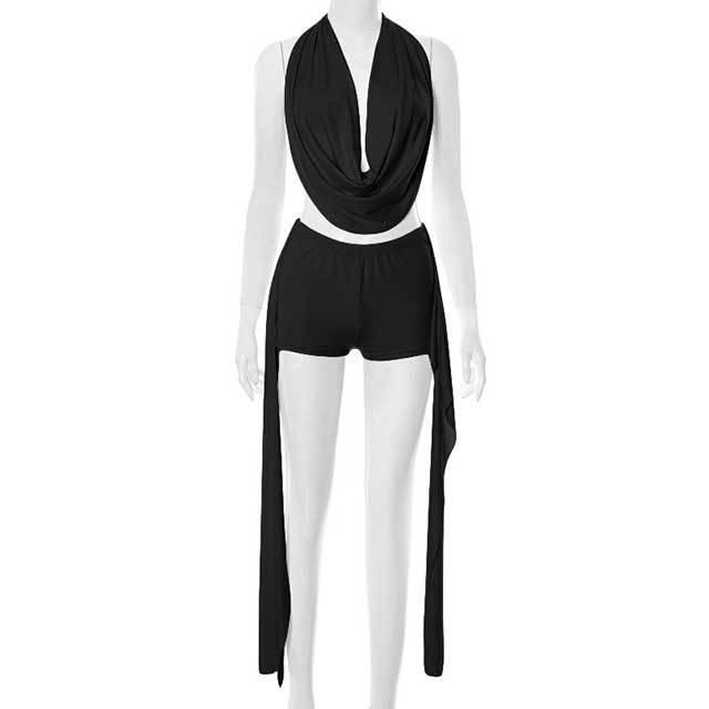 Sleeveless Halter Neck Crop Top Skinny Short Set