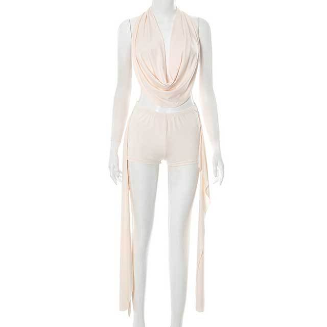 Sleeveless Halter Neck Crop Top Skinny Short Set